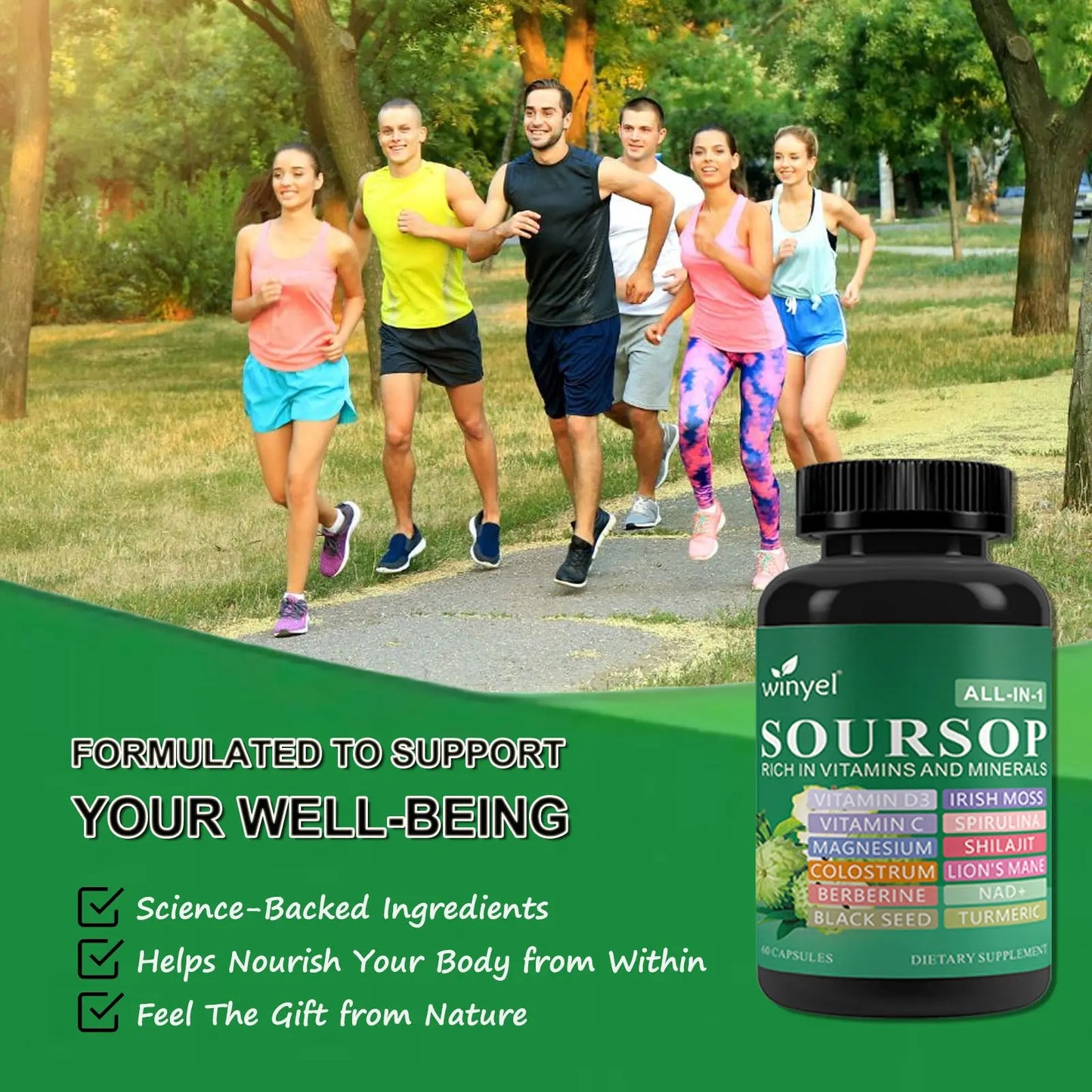 Soursop Supplement Containing 20 Herbal Extracts Including Seaweed, Lion's Mane Mushroom, Turmeric, Black Seed Oil, Oregano, And Mullein, Promoting Overall Health. Vegan, 60 Capsules. Kore Shopping