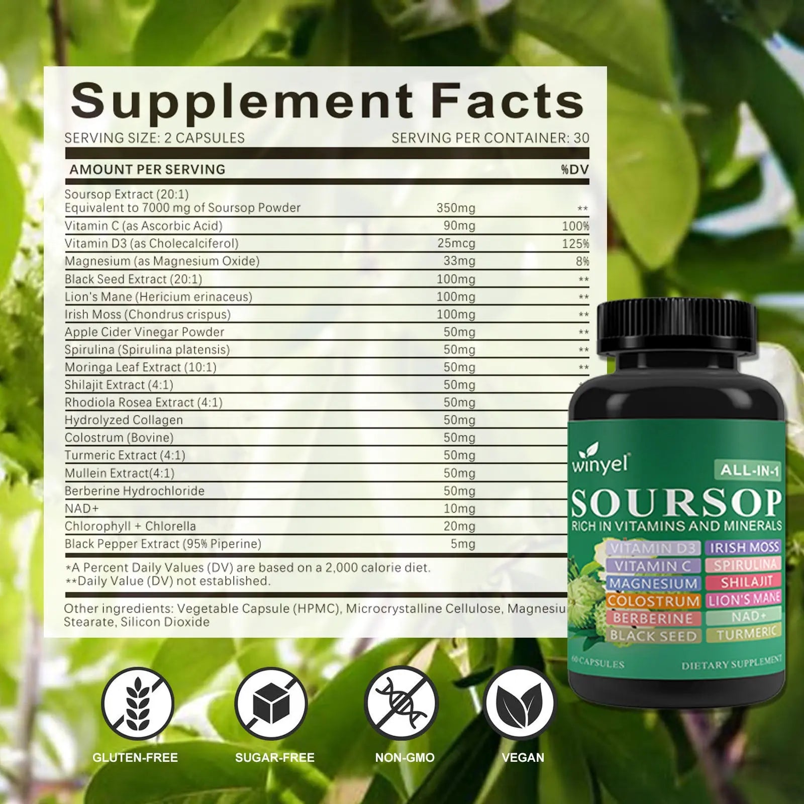 Soursop Supplement Containing 20 Herbal Extracts Including Seaweed, Lion's Mane Mushroom, Turmeric, Black Seed Oil, Oregano, And Mullein, Promoting Overall Health. Vegan, 60 Capsules. Kore Shopping