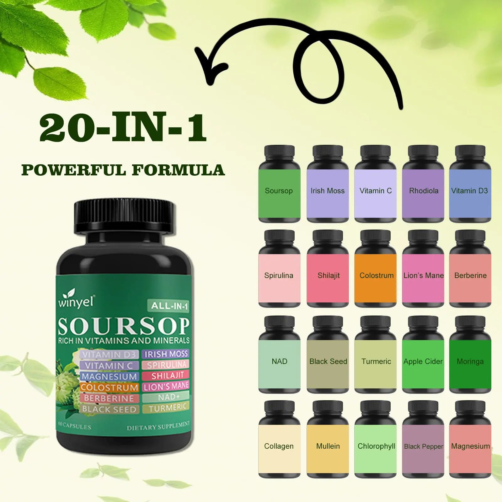 Soursop Supplement Containing 20 Herbal Extracts Including Seaweed, Lion's Mane Mushroom, Turmeric, Black Seed Oil, Oregano, And Mullein, Promoting Overall Health. Vegan, 60 Capsules. Kore Shopping