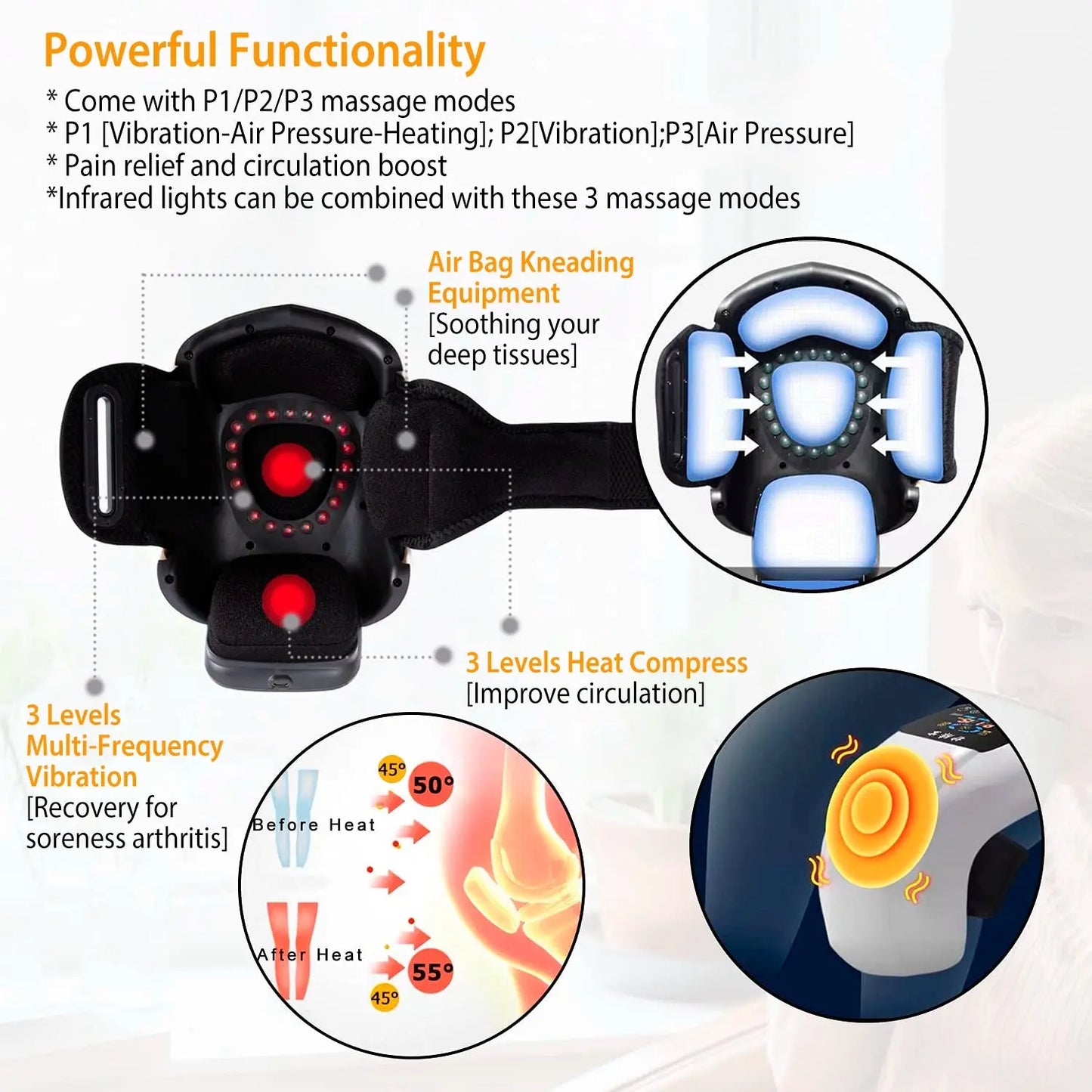 1Pc Electric Rechargeable Knee Massager Infrared Heat Pain Relief Therapy Knee Brace Wrap With Air Pressure Kneading Timer Temperature Adjustment Kore Shopping