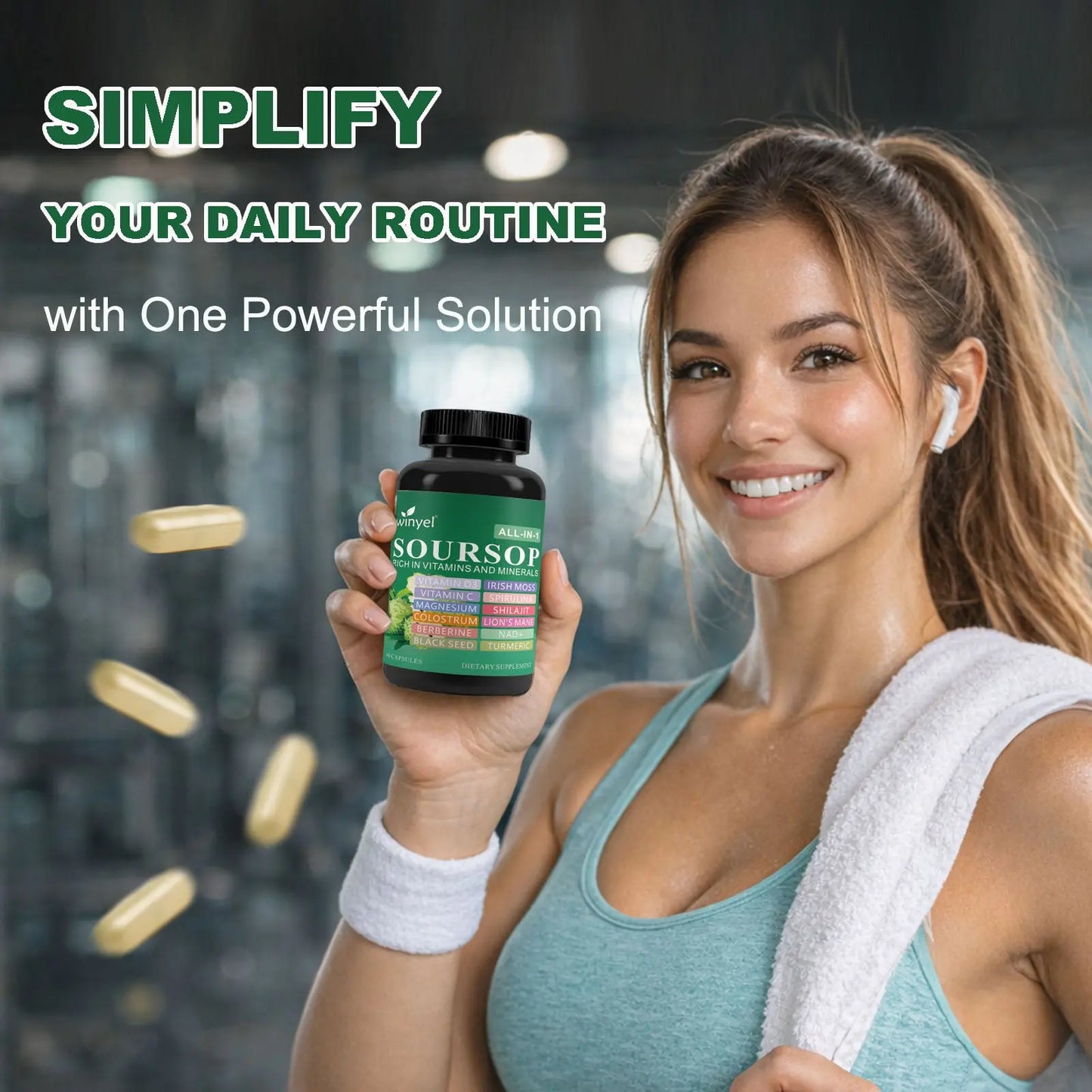 Soursop Supplement Containing 20 Herbal Extracts Including Seaweed, Lion's Mane Mushroom, Turmeric, Black Seed Oil, Oregano, And Mullein, Promoting Overall Health. Vegan, 60 Capsules. Kore Shopping