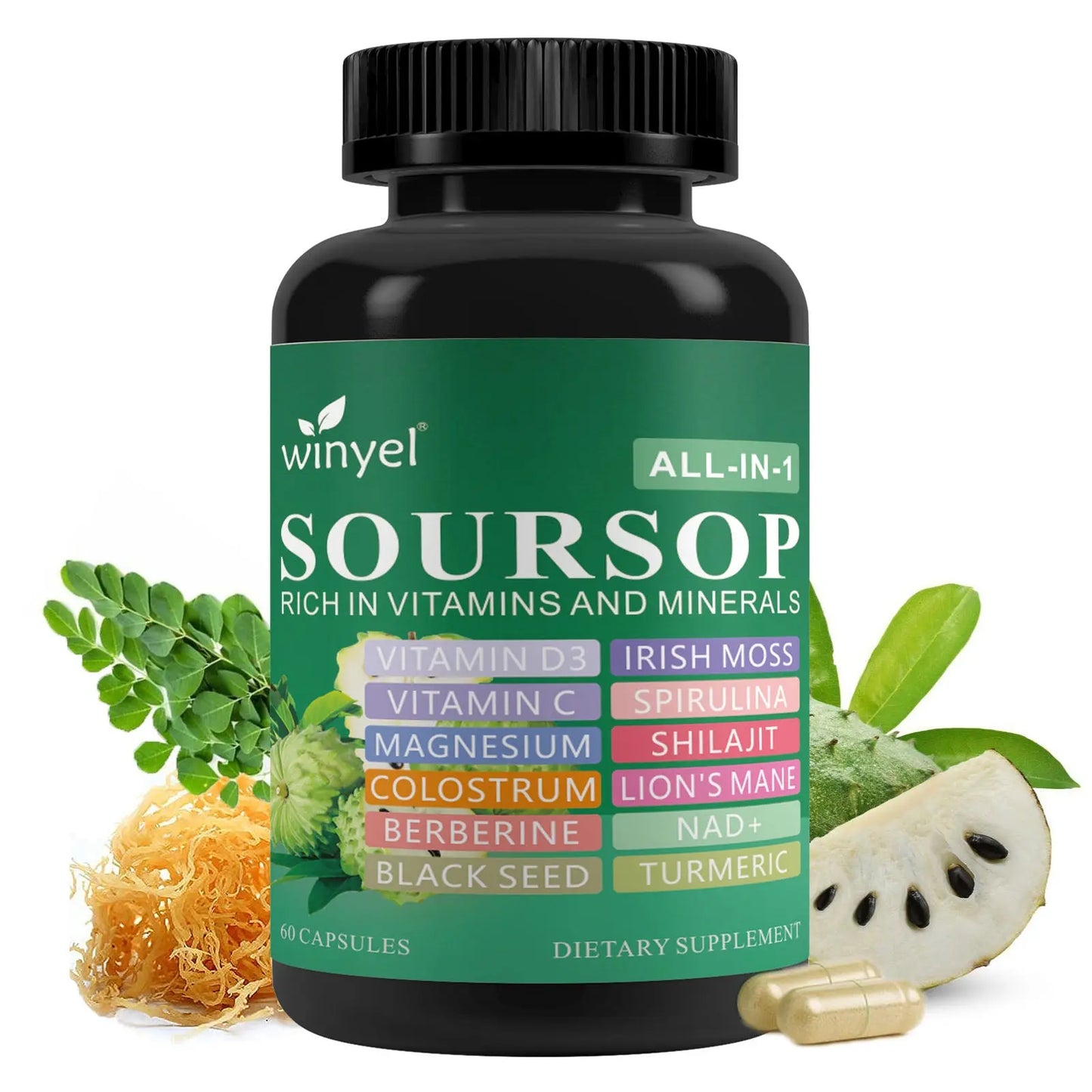 Soursop Supplement Containing 20 Herbal Extracts Including Seaweed, Lion's Mane Mushroom, Turmeric, Black Seed Oil, Oregano, And Mullein, Promoting Overall Health. Vegan, 60 Capsules. Kore Shopping