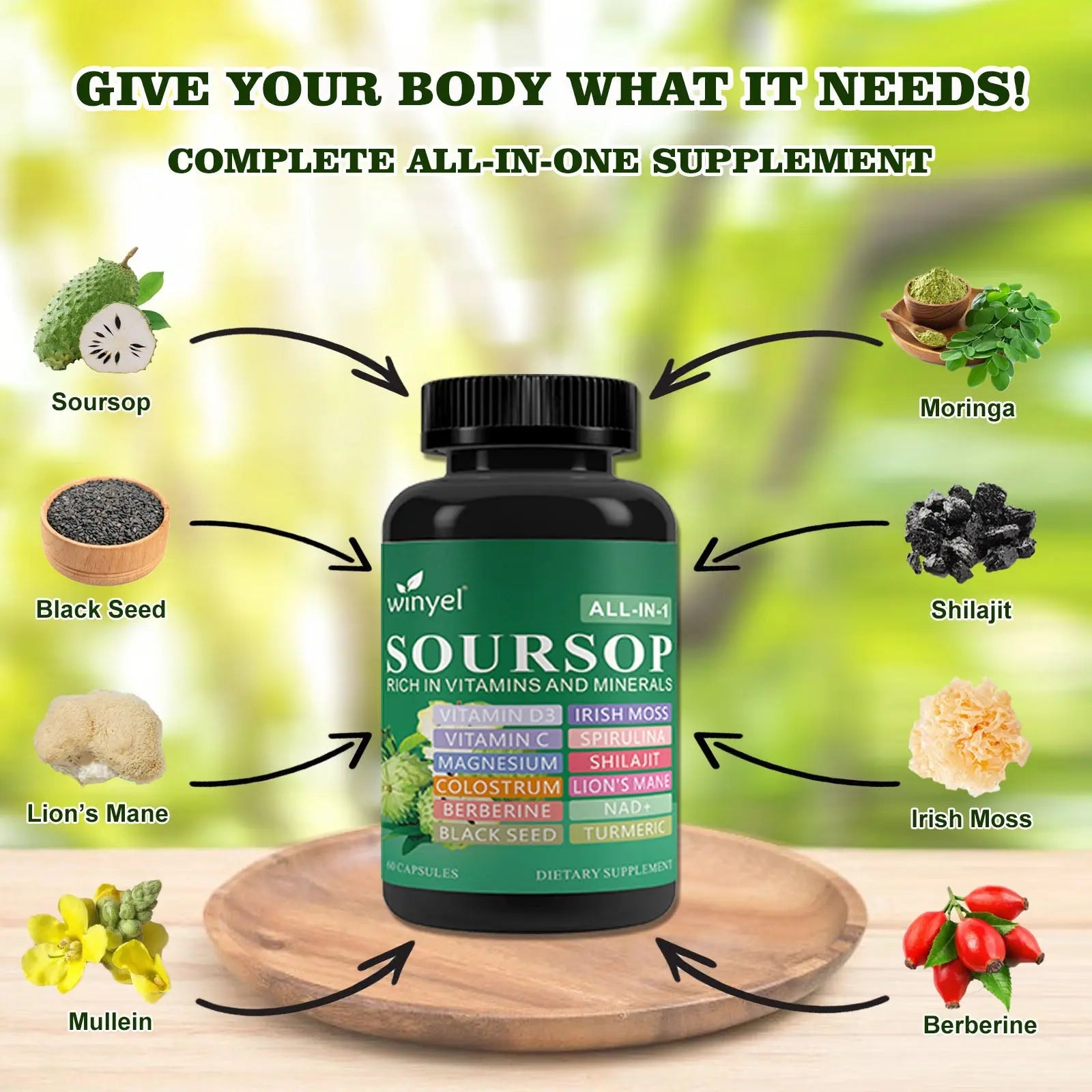 Soursop Supplement Containing 20 Herbal Extracts Including Seaweed, Lion's Mane Mushroom, Turmeric, Black Seed Oil, Oregano, And Mullein, Promoting Overall Health. Vegan, 60 Capsules. Kore Shopping