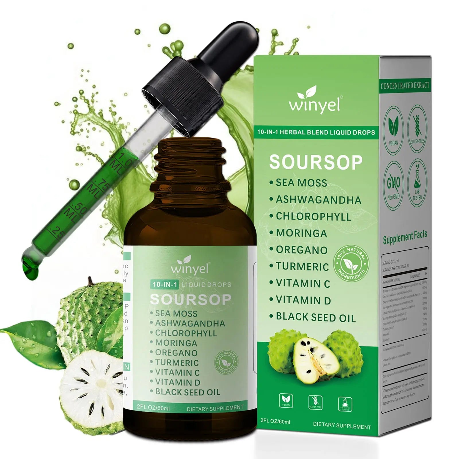 Soursop Drops 10-in-1 With Seaweed, Moringa, Black Seed Oil, Oregano, Ashwagandha, Chlorophyll  Herbal Extracts Promote Overall Health  Vegan 2 Fl Oz Kore Shopping