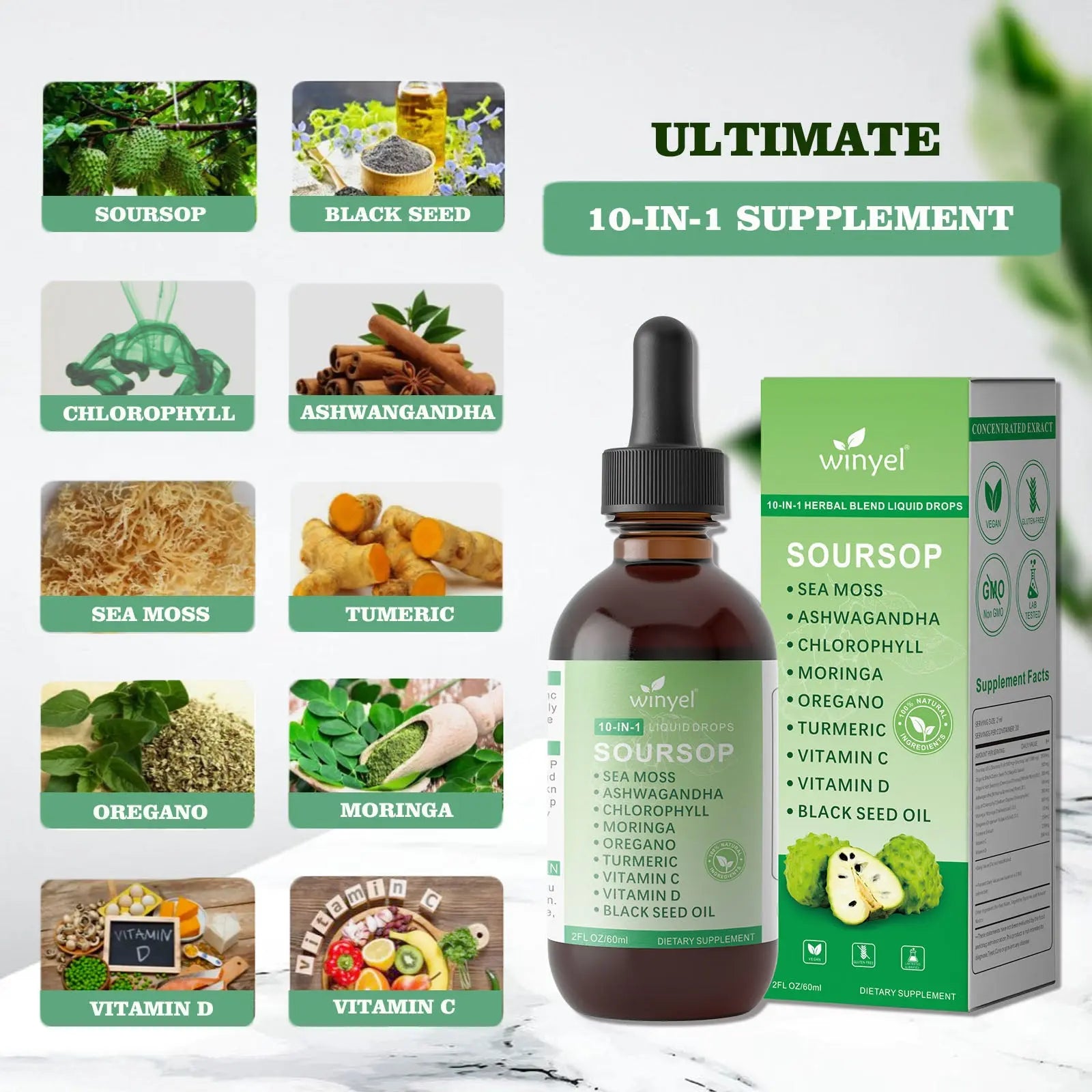 Soursop Drops 10-in-1 With Seaweed, Moringa, Black Seed Oil, Oregano, Ashwagandha, Chlorophyll  Herbal Extracts Promote Overall Health  Vegan 2 Fl Oz Kore Shopping