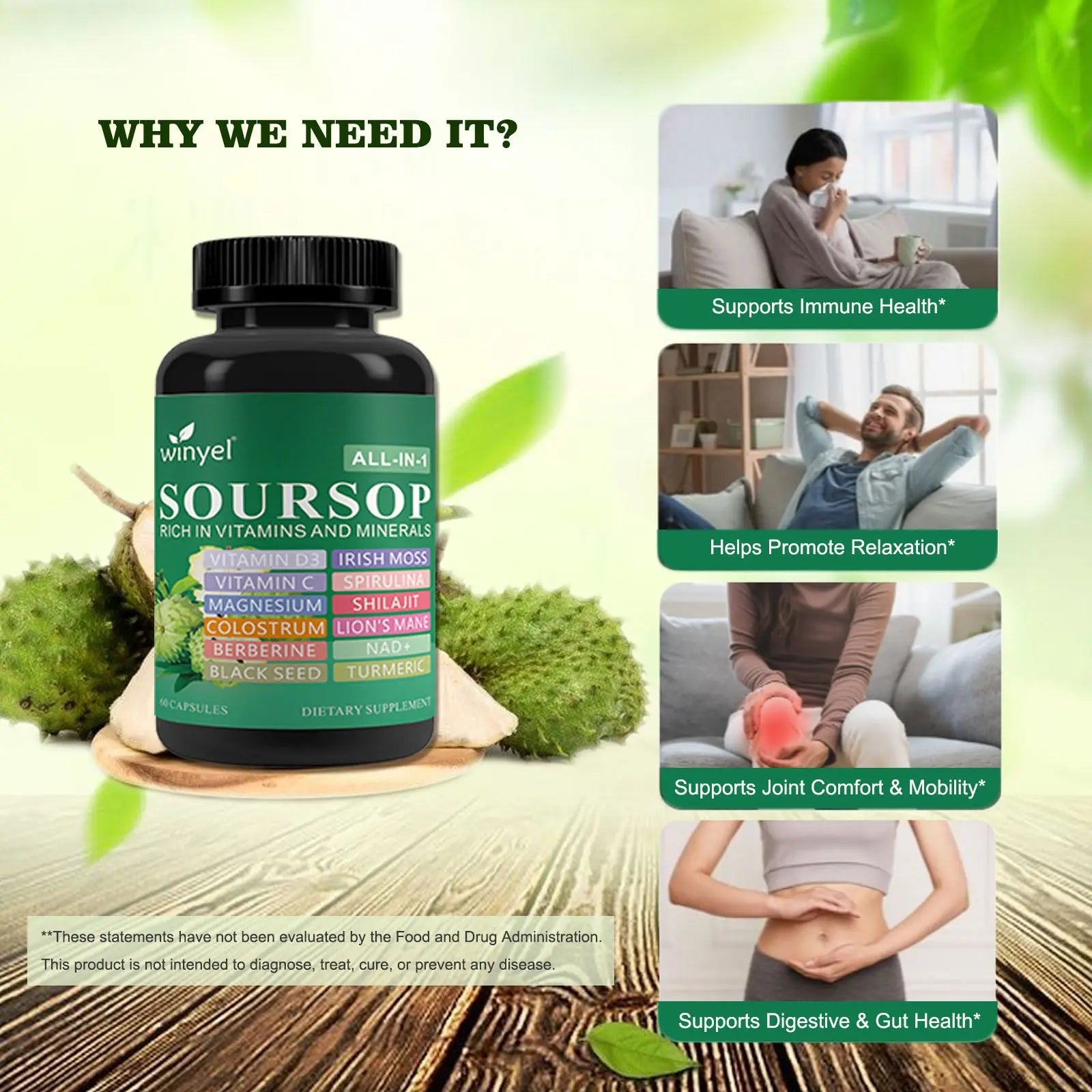 Soursop Supplement Containing 20 Herbal Extracts Including Seaweed, Lion's Mane Mushroom, Turmeric, Black Seed Oil, Oregano, And Mullein, Promoting Overall Health. Vegan, 60 Capsules. Kore Shopping