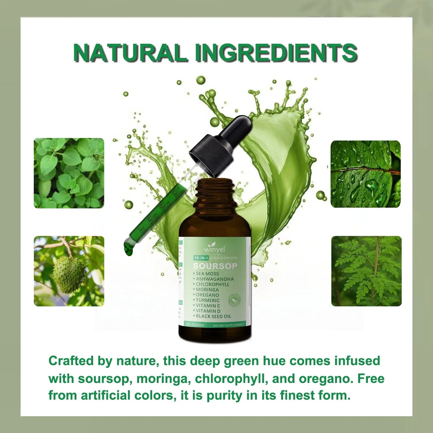 Soursop Drops 10-in-1 With Seaweed, Moringa, Black Seed Oil, Oregano, Ashwagandha, Chlorophyll  Herbal Extracts Promote Overall Health  Vegan 2 Fl Oz Kore Shopping