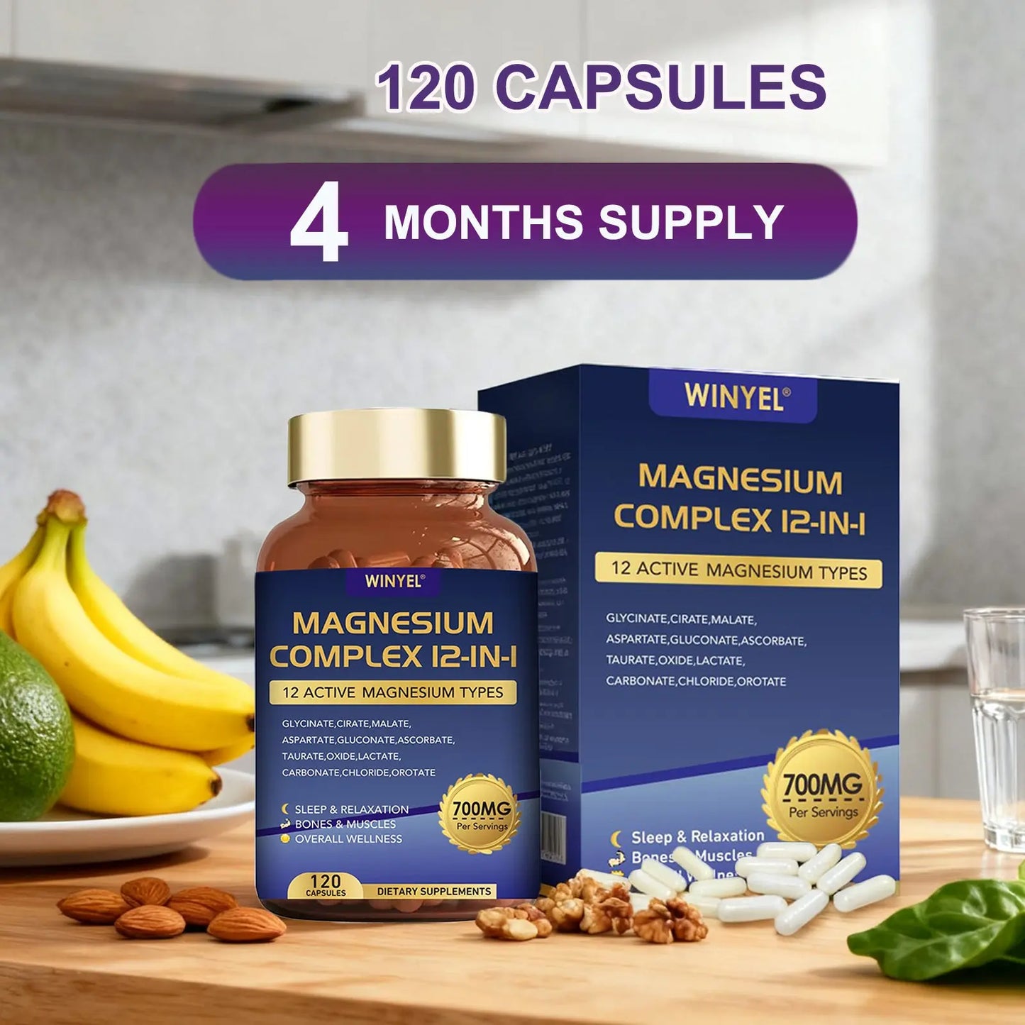Magnesium Complex 700mg 12 In 1 Magnesium Supplement With Glycinate, Citrate, Malate  Sleep, Calm, Muscle Relaxation, Heart Health Support Vegan 120 Capsules Kore Shopping