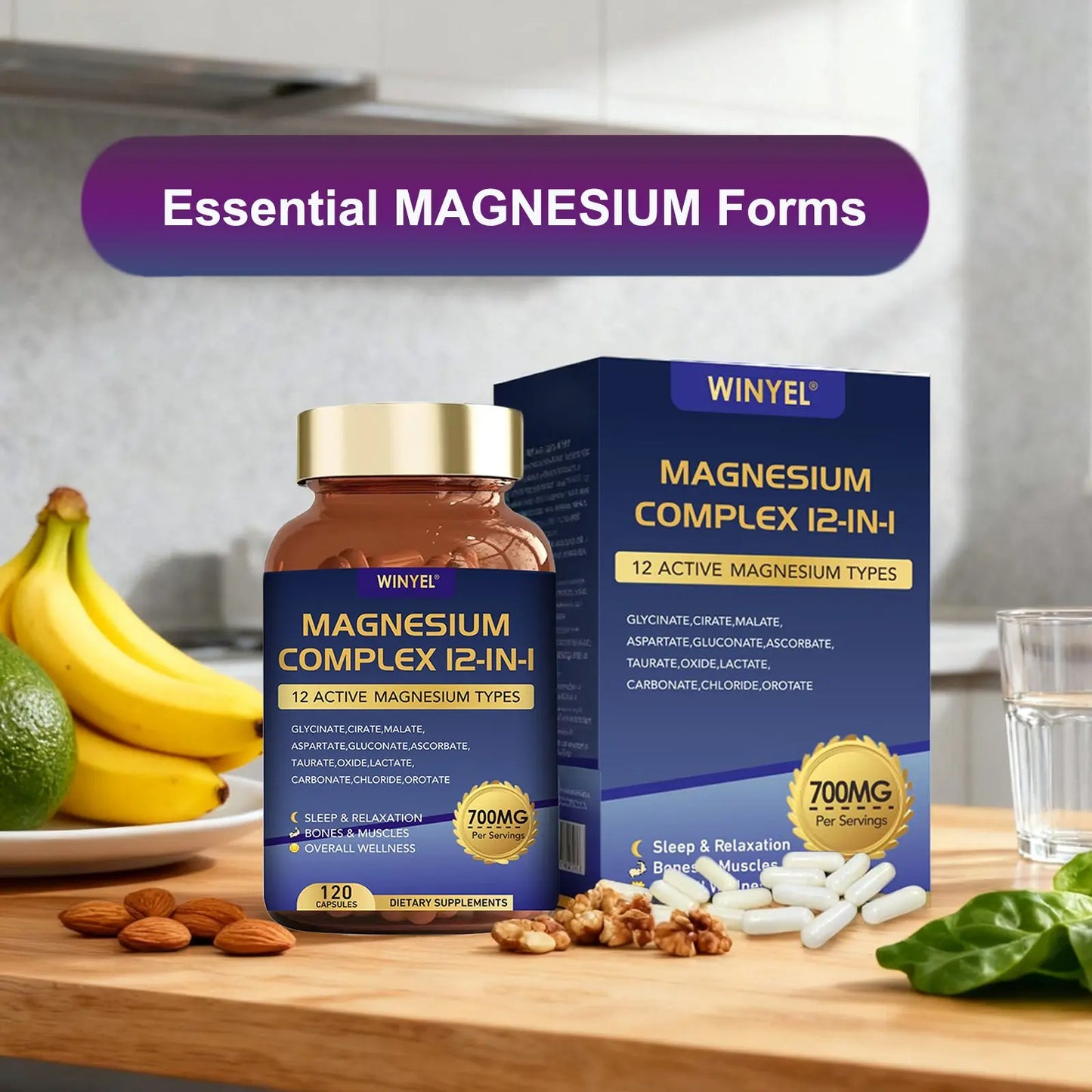 Magnesium Complex 700mg 12 In 1 Magnesium Supplement With Glycinate, Citrate, Malate  Sleep, Calm, Muscle Relaxation, Heart Health Support Vegan 120 Capsules Kore Shopping